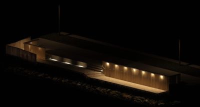 3D-visualisering av en bygning sett fra en vinkel, med fokus på fasade, belyste inngang og omgivelsene.