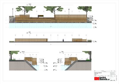 Snittegning som viser bygningens tverrsnitt sett fra fire sider (Vest, Øst, Nord, Sør) med høydeangivelser og detaljer.
