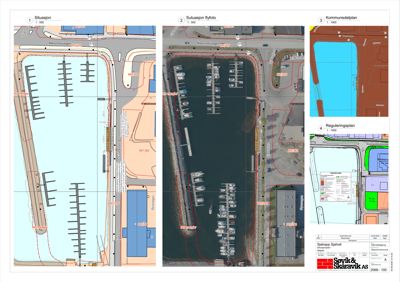Et sammensatt ark som viser situasjonsplan, situasjonsflyfoto, kommunedelplan og reguleringsplan for et område med båthavn.
