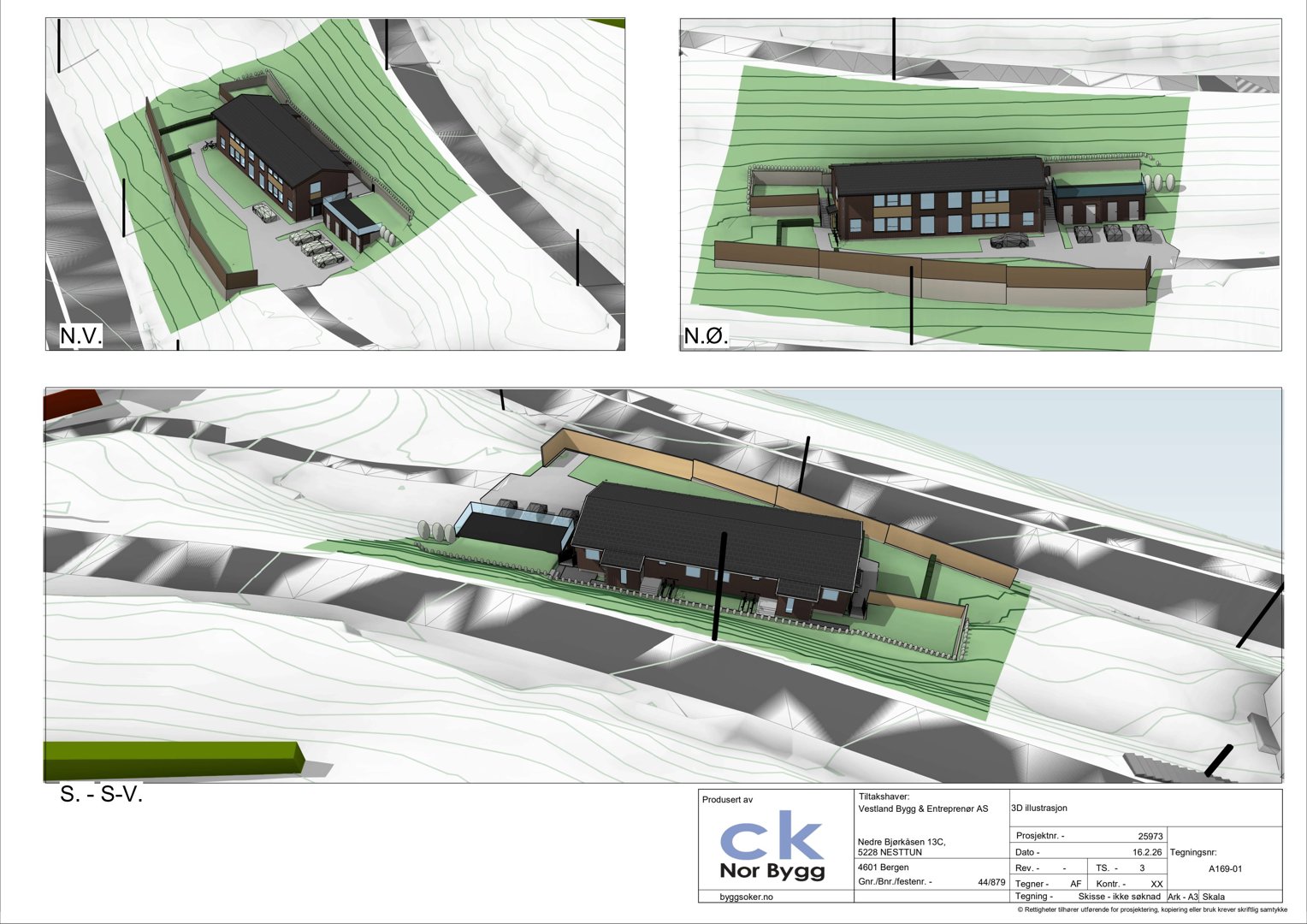 3D-visualisering (rendering) av et byggprosjekt sett fra ulike vinkler (N.V., N.Ø., S.-S.V.) med terrengkonturer og omgivelsene.