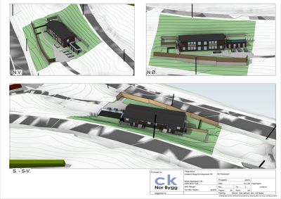 3D-visualisering (rendering) av et byggprosjekt sett fra ulike vinkler (N.V., N.Ø., S.-S.V.) med terrengkonturer og omgivelsene.