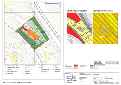 Situasjonsplan med utsnitt av reguleringsplan og kommuneplan, som viser eiendomsgrenser, bebyggelse og reguleringsstatus.