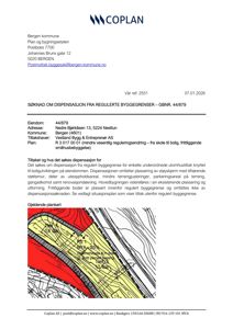 Et gjeldende plankart (topografisk kart) som viser terrengform, høyder og eiendomsgranser for adressen Nedre Bjørkåsen 13.