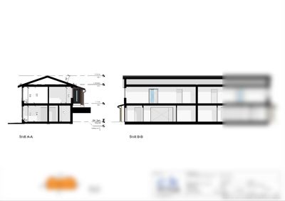 Tegning som viser to snitt (Snitt A-A og Snitt B-B) gjennom en bygning, med høydeangivelser og romfordeling.