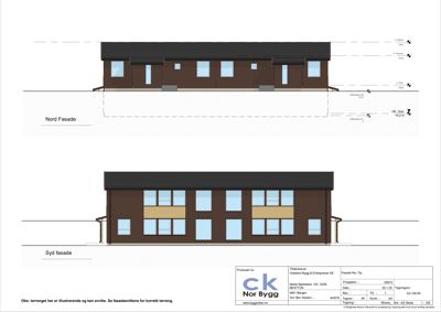 Fasadetegning som viser Nord- og Sydfasade med høydemål og terrengrelaterte notater.