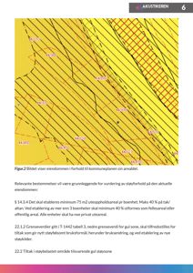 Kart som viser eiendommen med arealdelinger og grenser i forhold til kommuneplanen.