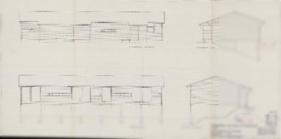 Fasadetegning som viser bygningens utseende fra front og side, inkludert vinduer, dører og takform.