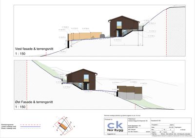 Tegning som viser fasadeopprikk (vest og øst) kombinert med terrengsnitt, inkludert høydemål og grunnplan.