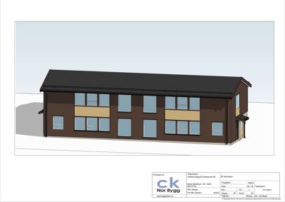 3D-visualisering (rendering) av en toetasjes bygning sett fra siden.