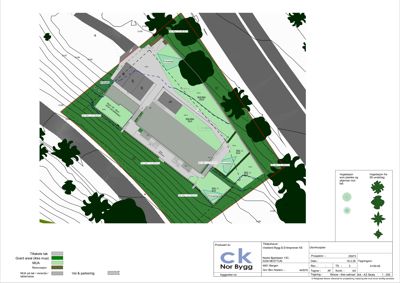Situasjonsplan som viser tomtens form, omgivende terreng (konturlinjer), beplantning, vei/parkeringsarealer og bygningers plassering.
