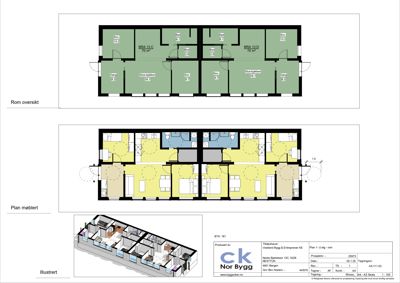 Bildet viser en kombinasjon av etasjeplaner (romoversikt og møblert plan) samt en 3D-illustrasjon av et leilighetskompleks.