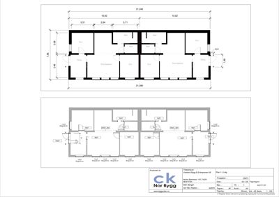Plantegning som viser romfordeling og dimensjoner for to etasjer av en bolig.