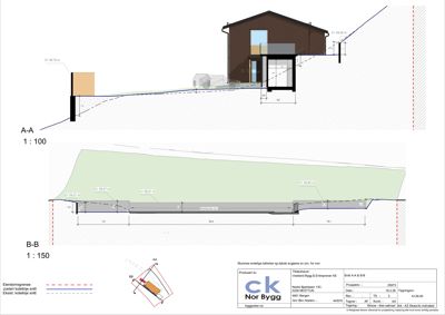 Snittegning (A-A og B-B) som viser bygningens høyde, grunnmur og grunnforhold.