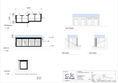 Bildet viser en samling tegninger for en bygning, inkludert etasjeplaner, snittegninger og fasadeoppdriss (Nord, Øst, Vest).