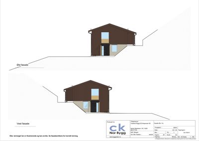 Fasadetegning som viser bygningens utseende fra øst og vest, inkludert terrengforhold.