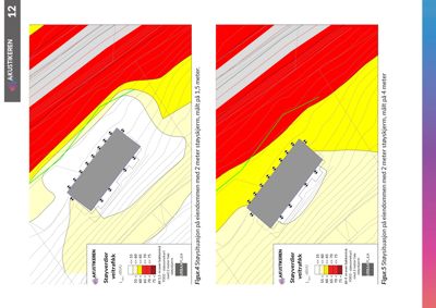 Støykart som viser støyverdier fra veitrafikk i en situasjonsplan.
