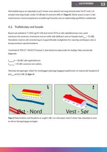 3D-visualiseringer (renderinger) av et testbygg sett fra to ulike vinkler (Øst-Nord og Vest-Sør) med angitte støynivåer.