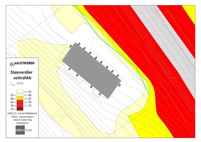 Støykart som viser støyverdier (dB(A)) fra veitrafikk i området rundt en bygning.