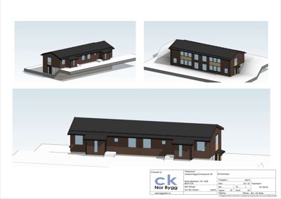 3D-visualisering (rendering) av en planlagt bygning sett fra tre ulike vinkler.