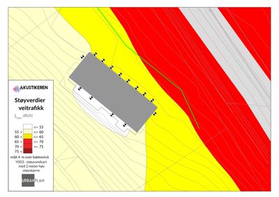 Støysonekart som viser støyverdier (dB(A)) fra veitrafikk i området rundt en bygning.