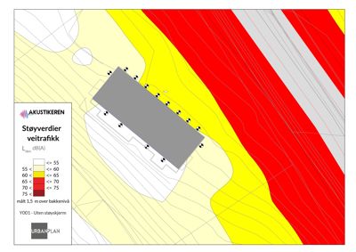 Kart som viser støyverdier (dB(A)) fra veitrafikk i et område, med en bygning markert i grått.