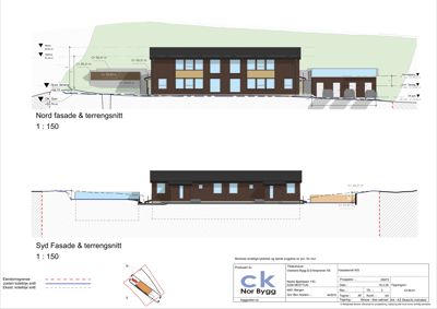 Tegning som viser snitt gjennom bygningen sett fra nord og syd, inkludert fasade og terrengforhold.
