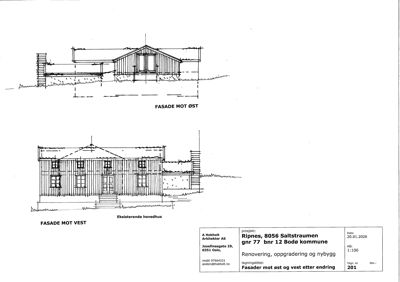 Tegning som viser fasadeopprikk for en bygning sett fra øst og vest.
