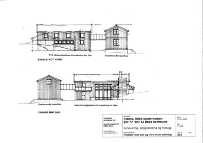 Fasadetegning som viser oppriss av eksisterende og nytt hus sett fra nord og syd.