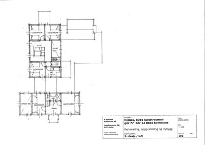 Etasjeplan for 2. etasje/loft som viser romfordeling (stue, gjesterom, bad, gang) og trapp til 1. etasje.