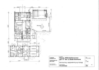 Etasjeplan (Hovedetasje) som viser romfordeling, dimensjoner og bygningsstruktur for en bolig.