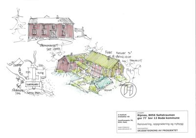En håndtegnet skisse som viser et 3D-oppsett av et nytt bygg og en eksisterende bygning sett fra utsiden, med notater om plassering og orientering.