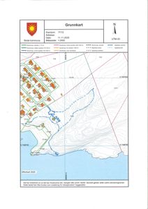 Grunnkart (situasjonsplan) som viser eiendomsgrenser, høydemålerlinjer og topografi for et område i Bode kommune.