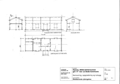 Fasadetegning som viser oppriss av bygningen sett fra tre sider: FASADE MOT SØEN/VEST, FASADE SYD og OPPTEGNET ETTER MÅL.