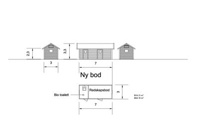 Fasadetegning som viser oppriss av en ny bod sett fra fronten, med angitte høyder (2,3 og 3,3) og bredde (7).