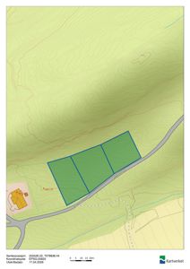 Situasjonsplan som viser tomtens plassering i terrenget, med høydekurver, vei (Austreikvegen) og nabolag.