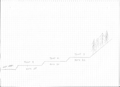 Håndtegnet situasjonsplan som viser tomtene (Tomt 1, 2, 3) og høydekurver (kote) på et skråningsterrang.