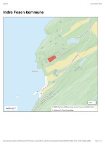 Kommunekart som viser et område i Indre Fosen kommune med en markert tomt (rødt) og omgivende infrastruktur.