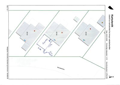 Kartutsnitt som viser eiendomsnummer (25/123, 25/124, 25/125), vegnavn (Stordveien) og håndskrevne notater om garasje og mål.