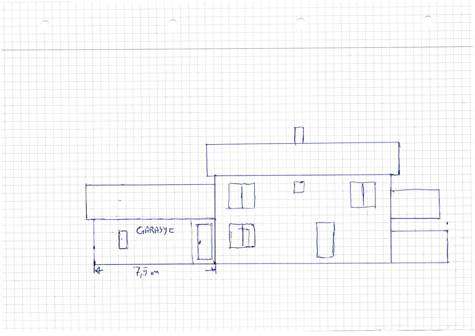 Håndtegnet etasjeplan (topplan) av en bygning, sannsynligvis en enebolig, tegnet på et gitterark. Planen viser romfordeling, vinduer, en garasje og en dimensjon (7,5 m).