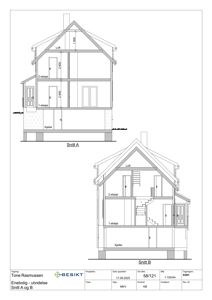 Tegning som viser tverrsnitt gjennom en bolig (Snitt A og B), inkludert etasjer, høyder og romfordeling.