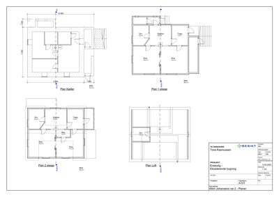 Plantegning som viser romfordeling og mål for kjeller, 1. etasje, 2. etasje og loft.