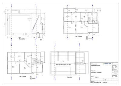 Etasjeplaner for en bolig som viser romfordeling, mål og etasjer (kjeller, 1. etasje, 2. etasje og loft).