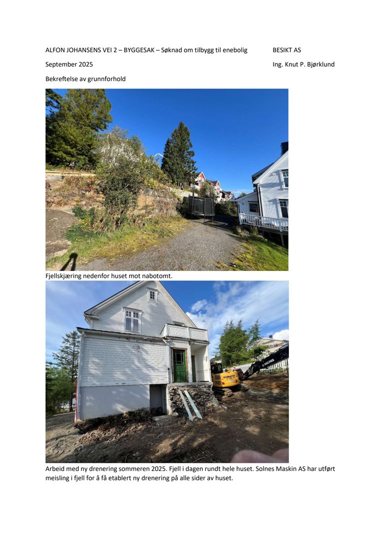 Fotografier fra en byggesak som viser fjellskjæring og dreneringsarbeid foran en enebolig.