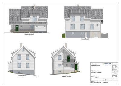 Fasadetegninger som viser bygningens utseende fra fire ulike vinkler: Nordvest, Sørøst, Sørvest og Nordøst.