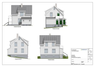 Fasadetegning som viser fire utsnitt av en eksisterende bygning (Nordvest, Nordøst, Sørvest, Sørøst).