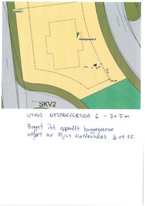 Situasjonsplan som viser et uthus plassert i forhold til nabolaget, med angitte mål og byggegrenser.