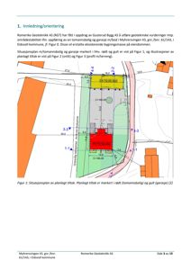 Situasjonsplan som viser planlagt tommannsbolig (rødt) og garasje (gult) på eiendommen, med angitte mål og høyder.