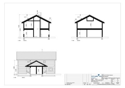 Fasadetegning med oppriss av bygning sett utenfra, inkludert snittegninger (Snitt A, B, C) og mål.
