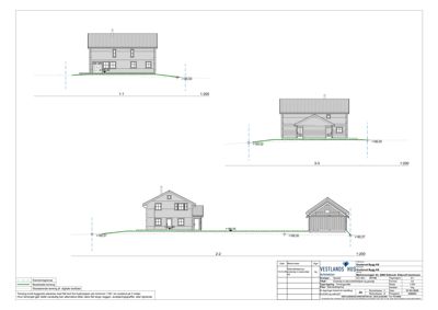 Fasadetegning som viser bygningens utsyn fra flere vinkler (1-1, 2-2, 3-3) med høydeangivelser og terrengforhold.