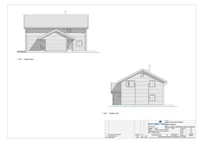 Tegning som viser fasadeopprikk for bygningen sett fra nord og vest.